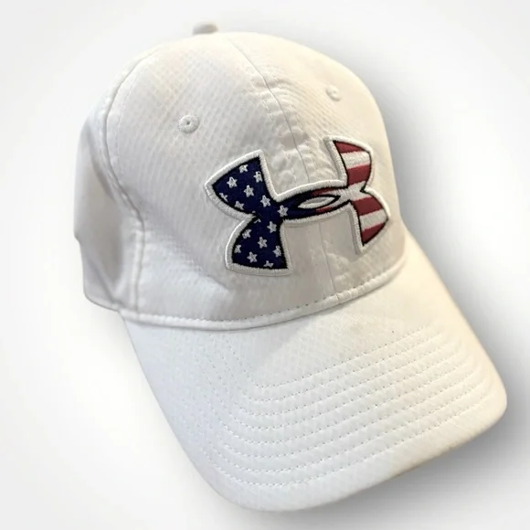 Under Armour White Golf Baseball Cap Strap Back Red White Blue UA - Picture 1 of 5